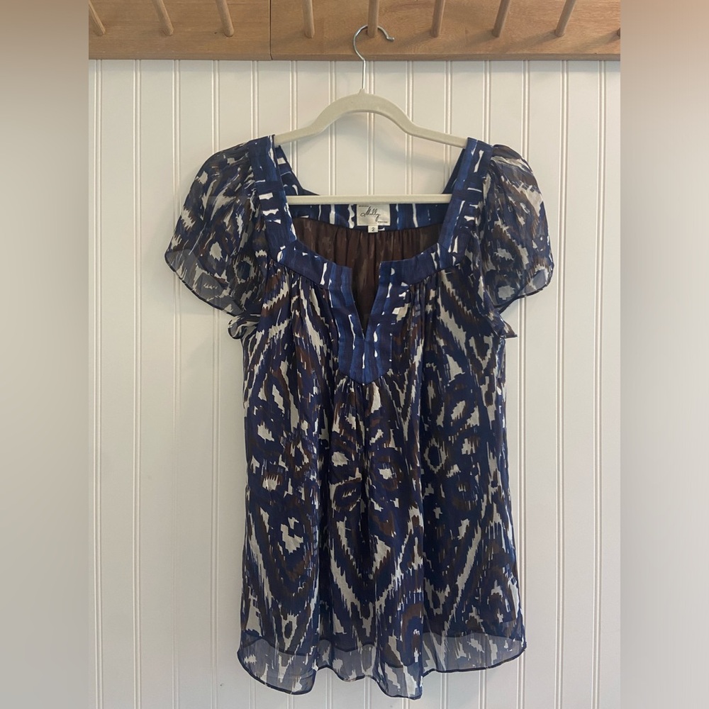 Milly of New York Layer Silk Floral Short Sleeve Blouse Semi Sheer Blue Brown 2